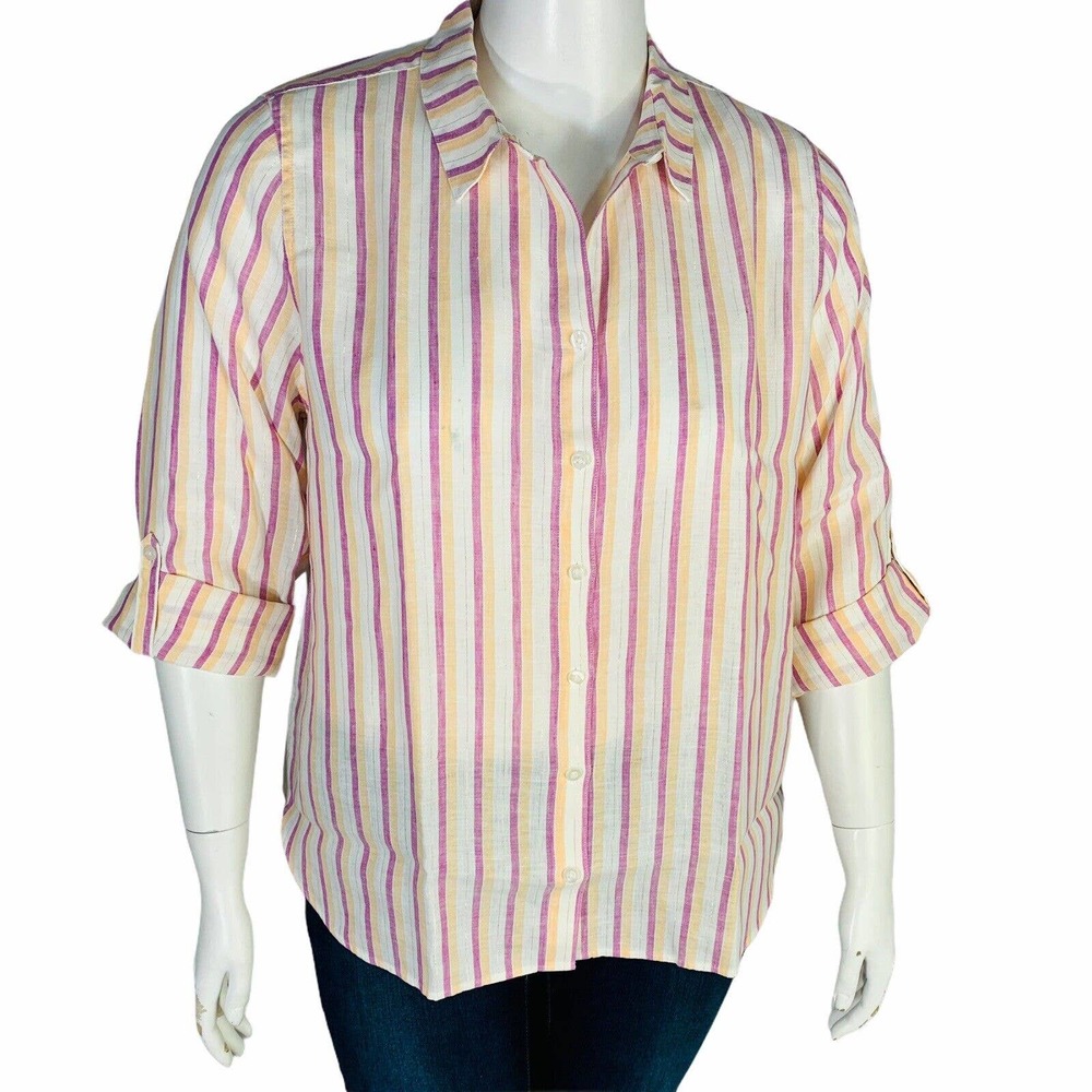 New Chicos Womans Sz 3 16 Roll Tab Top Metallic Stripe No Iron Linen Multi NWT